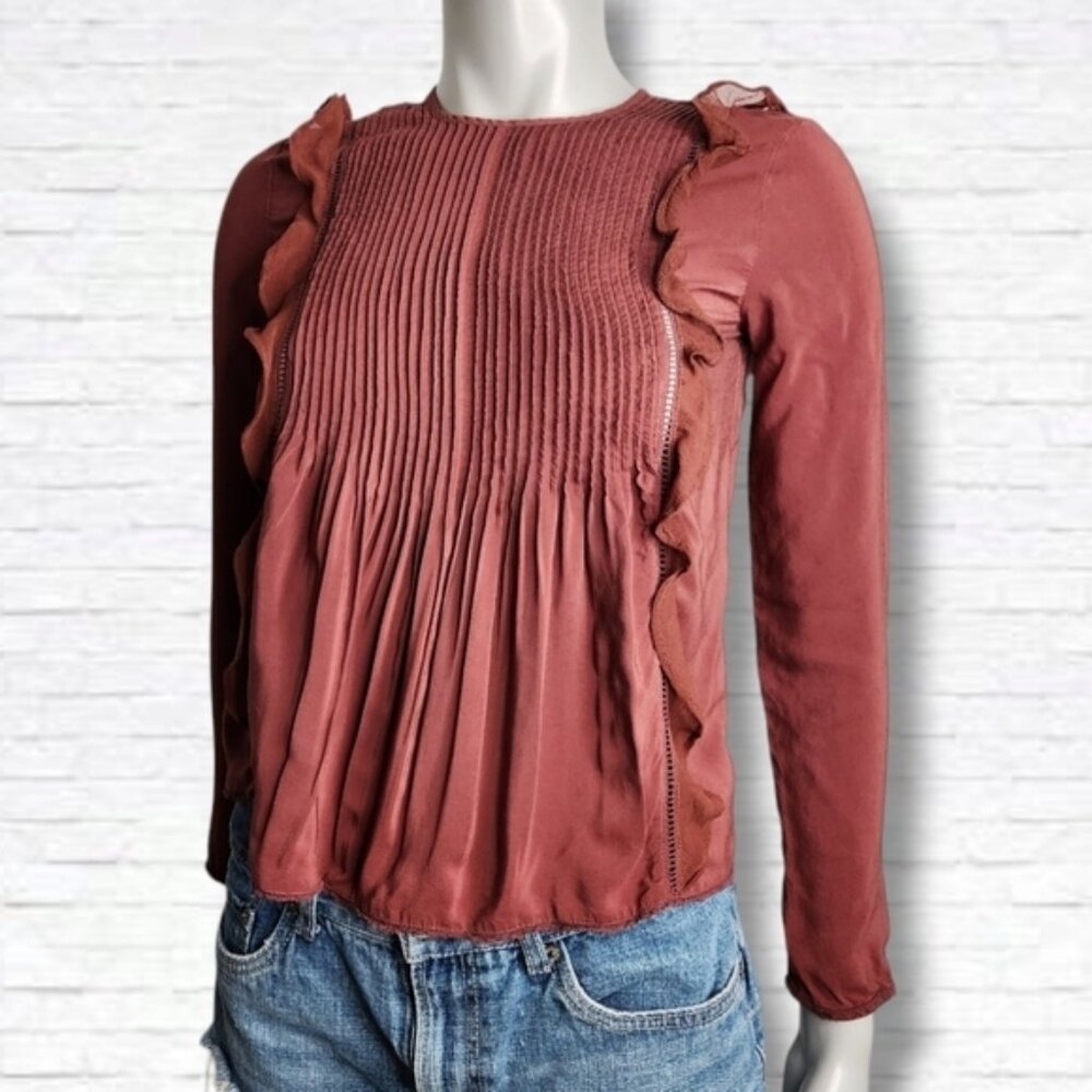 Aritzia Wilfred Brown Satin Long Sleeve Ruffle Bodice Peplum Top Size XXS